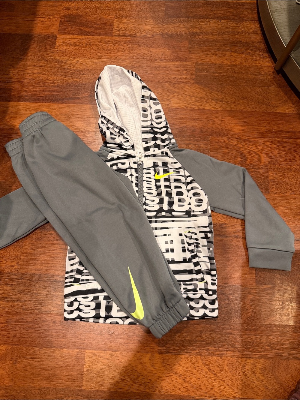 Nike Kids Gray Joggers with Black & White Logo Hoodie and Neon Accent